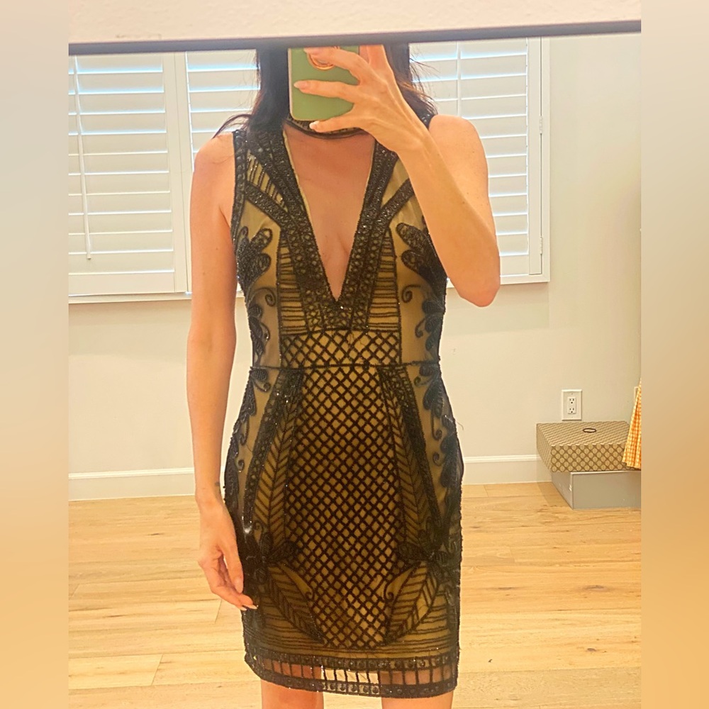Bebe Nude & Black Beaded Mini Dress Size 2